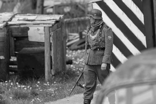 Black and white photography, reconstruction of a military battle World War II