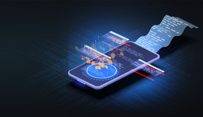 Printed billing receipt, payment bills and financial bank check, money transfer, online bank, budget accounting, electronic bill, phone with paper receipt isometric technology. Receipts bill. Vector