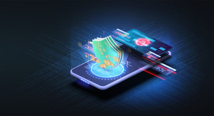 Isometric online payment online concept. Money transfers, smartphone payment services and digital pay. Electronic bill, finance data protection, smartphone with credit card. Concept mobile payments.UX