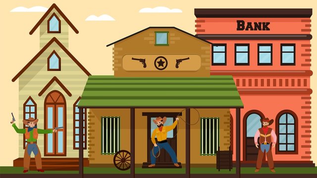 Cowboys duel near bank, city in wild west in American style, old village houses, salon, design cartoon style vector illustration. Man holds gun and fights with brigand near building on street, outdoor