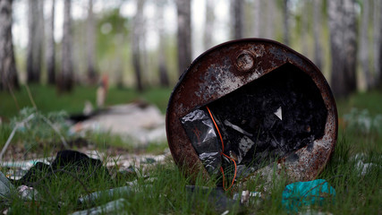 Forest Pollution. Dump Garbage in Woods.