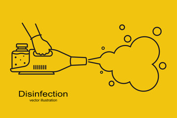 Disinfection black line icon. Cleaning concept. Prevention coronavirus. Protection disinfects. Methods of controlling the epidemic. Vector illustration flat design. Cleaner in the hand.