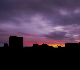 beautiful orange and purple colours in sky during sunset. Full focus.