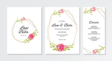 Geometric frame wedding card set template with real watercolor flower