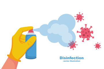 Cleaning and disinfecting coronavirus. Atomizer and sprayer. Man in hazmat suit and gloves. Pandemic risk. Vector illustration flat design. Epidemic spread precautions covid-19.