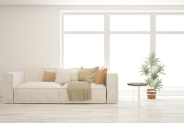 White living room with sofa. Scandinavian interior design. 3D illustration