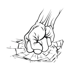 Hand-drawn male fist down with black stroke, breaking through glass.