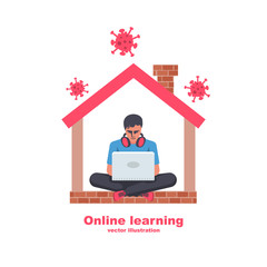 Online education concept. E-learning home. Student at a laptop study at home in quarantine covid-19. Coronavirus behind the house. Landing page vector illustration. Flat design.