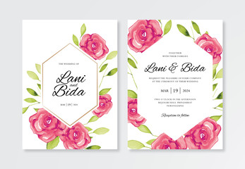 Gold frames wedding invitation card templates with watercolor rose decorations