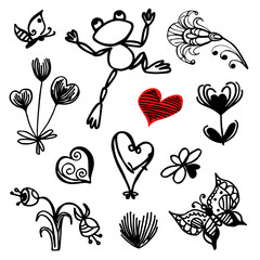 Big vector set of doodles freehand drawings, elements for children's coloring books, flowers, butterflies, frog, hearts, black outline isolated on white background for scrapbook, card design copybooks