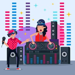 DJ party, leading disco plays modern club music, poster with colorful club information, design, cartoon style vector illustration. Young, cheerful guy dances and sings in show, funny nightlife, fun.