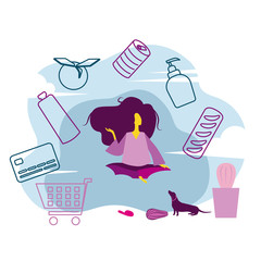 A woman sits on a sofa, various goods fly around her bread, canned goods, a bottle, soap, fruits. A dog sits next to her, a grocery cart on the floor, a credit card for payment. Vector illustration