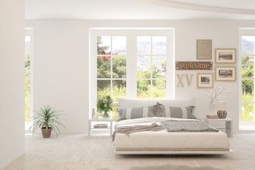 Stylish bedroom in white color with summer landscape in window. Scandinavian interior design. 3D illustration