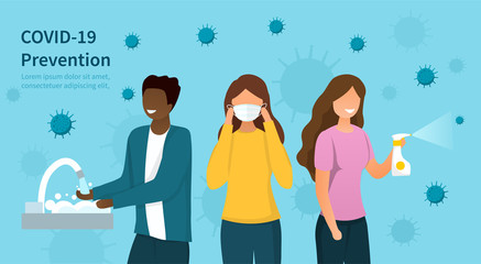 Covid-19 or coronavirus prevention protocols concept with diverse people washing hands, wearing a surgical face mask and spraying sanitiser with copy space for text, colored vector illustration