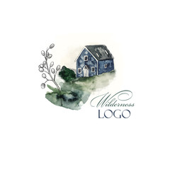 Wilderness logo. Summer countryside landscape. Watercolor and graphic illustration, country, nature