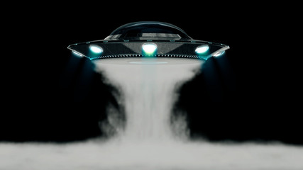 UFO spaceship take off to sky have smoke dynamic with 3d rendering.