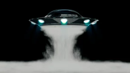 Fotobehang UFO spaceship take off to sky have smoke dynamic with 3d rendering. © FullFrames