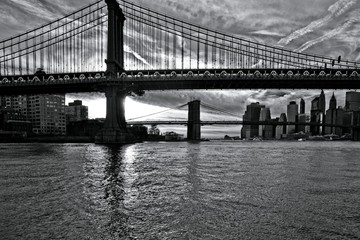Brooklyn Bridge and Manhattan bridge New York City sunset