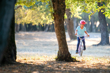 Little girl with biking at sunset