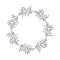 A wreath of branches. Vector isolated illustration with branches and leaves on a white background. Festive wreath for mother's Day, Easter, thanksgiving with tree branches. Doodle style. 
