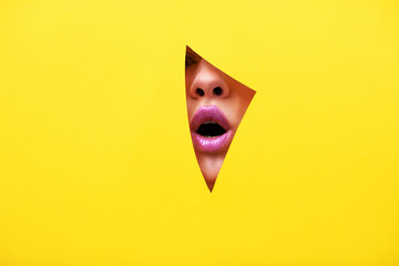 Woman beauty lips. Photo. Idea. Love girl. Face. Portrait. Woman lips. Lovely. Yellow background. 