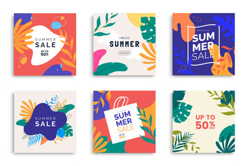 Fototapeta premium Summer templates for promo posts on social media networks. Colorful summer banner set with tropical leaves. Stories template bundle. Use for product catalog, discount voucher, advertising.