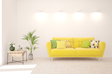 White living room with sofa. Scandinavian interior design. 3D illustration