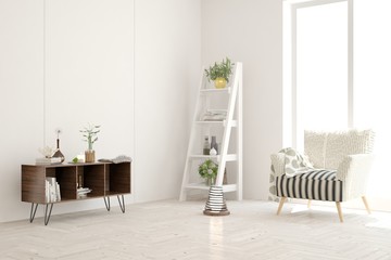 White living room with armchair. Scandinavian interior design. 3D illustration