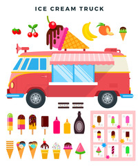Ice cream truck, side view. Ice cream van, various ice creams, set. Vector flat style illustration.