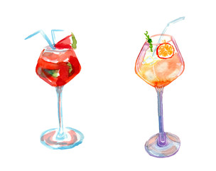 Beverage watercolor. Watermelon and orange cocktails in a glass goblet with a straw. Watercolor summer set for menu 