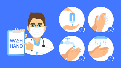 Doctor show how to wash your hands. Steps instructions washing hand. Vector flat style.