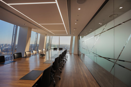 Long table in modern conference room
