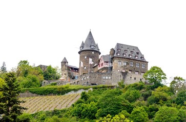 Fototapeta na wymiar Castle in Bacharach am Rhein. Beautiful Postcard view. Middle Rhine River, (Rhein fluss, Mittelrhein). Rhineland-Palatinate (Rheinland-Pfalz), Germany UNESCO