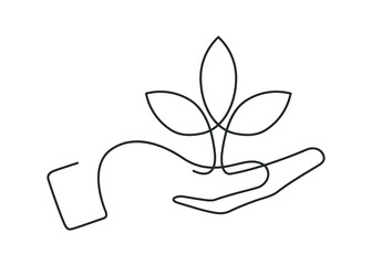 Continuous line drawing of growing plant in hand on white background. Vector illustration