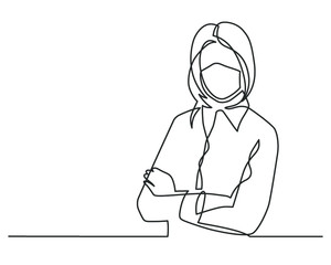 Business woman with crossed arms - single line drawing. Continuous line drawing of woman with mask. Vector illustration