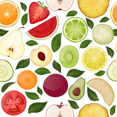 Fresh seamless pattern with slice vitamin fruits, vegetables on nature food fruity vector hand drawn illustration isolated on white. Concept repeat half orange, kiwi, watermelon and strawberry, leaf