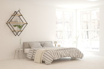 White bedroom interior. Scandinavian design. 3D illustration