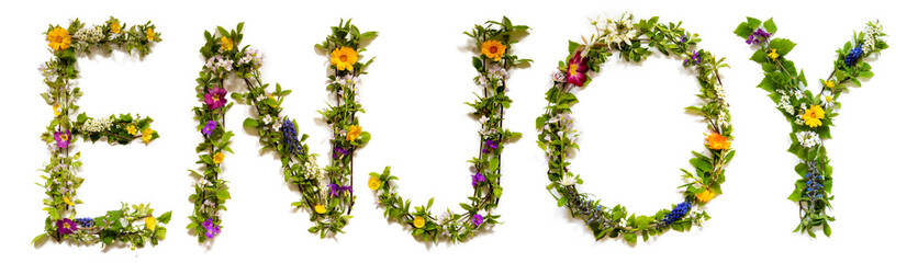 Flower, Branches And Blossom Letter Building English Word Enjoy. White Isolated Background