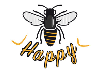 gelber Happy Schriftzug mit großer Biene