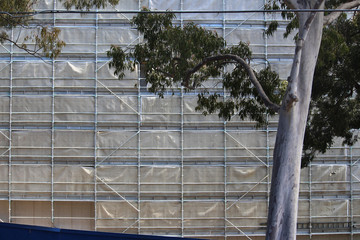Steel scaffolding with light grey mesh on a new muti story apartment building. There is a large gum...