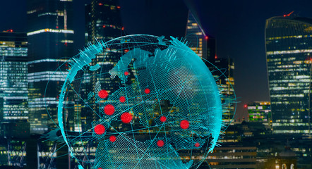 Global coronavirus outbreak against city skyline at night