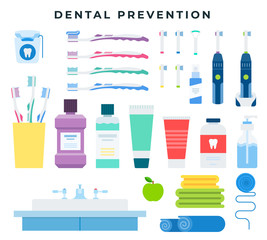 Dental cleaning tools for preventive oral hygiene, set of elements. Vector illustration, isolated on background.