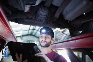 Male mechanic with headlight and diagnostic equipment working under car in auto repair shop