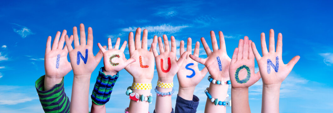 Children Hands Building Colorful Word Inclusion. Blue Sky As Background