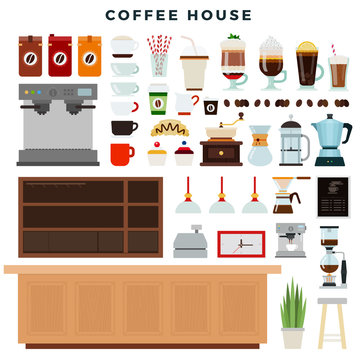Coffee house, set of elements. Coffee shop interior, equipment, different types of coffee drinks. Vector illustration.