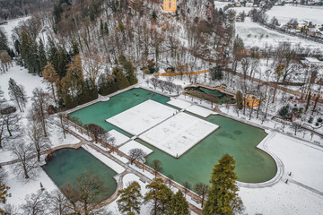Aerial view of Schloss Hellbrunn covered in snow near Salzburg o