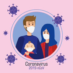 parents with baby using face mask and particles covid 19 vector illustration design