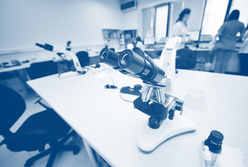 laboratory microscope close-up in the chemical and bacteriological DNA of the PCR laboratory. Modern medical equipment
