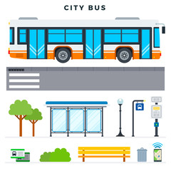 City bus. Bus stop, outdoor and city elements, set. Modern flat design concept for web sites, banners, infographics. Vector illustration.