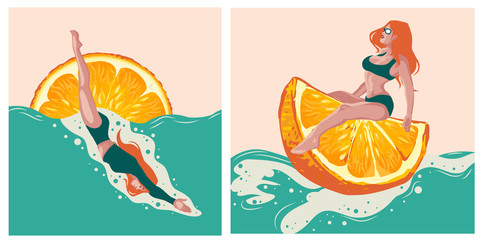 Illustration of a pool party with cartoon people in swimsuits, drinking a cocktail, relaxing, spa relaxation concept, horizontal banner, orange, summer events background, free time.